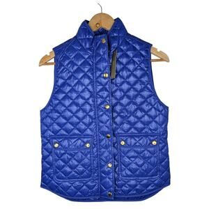 J.CREW Blue Quilted Down Vest Puffer Collared Buttons Front Pockets
